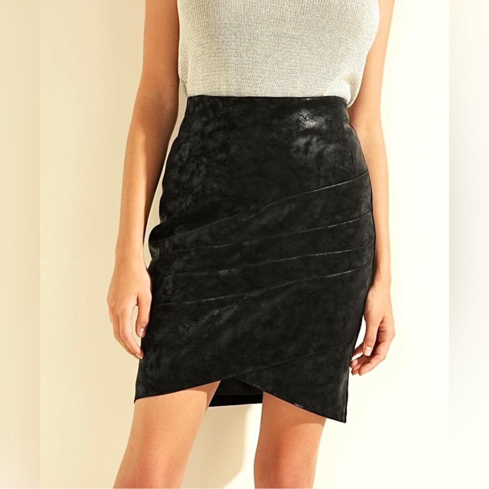 GUESS Faux Leather Mottled Black Asymmetrical Faux Wrap Skirt Women’s Small NWT